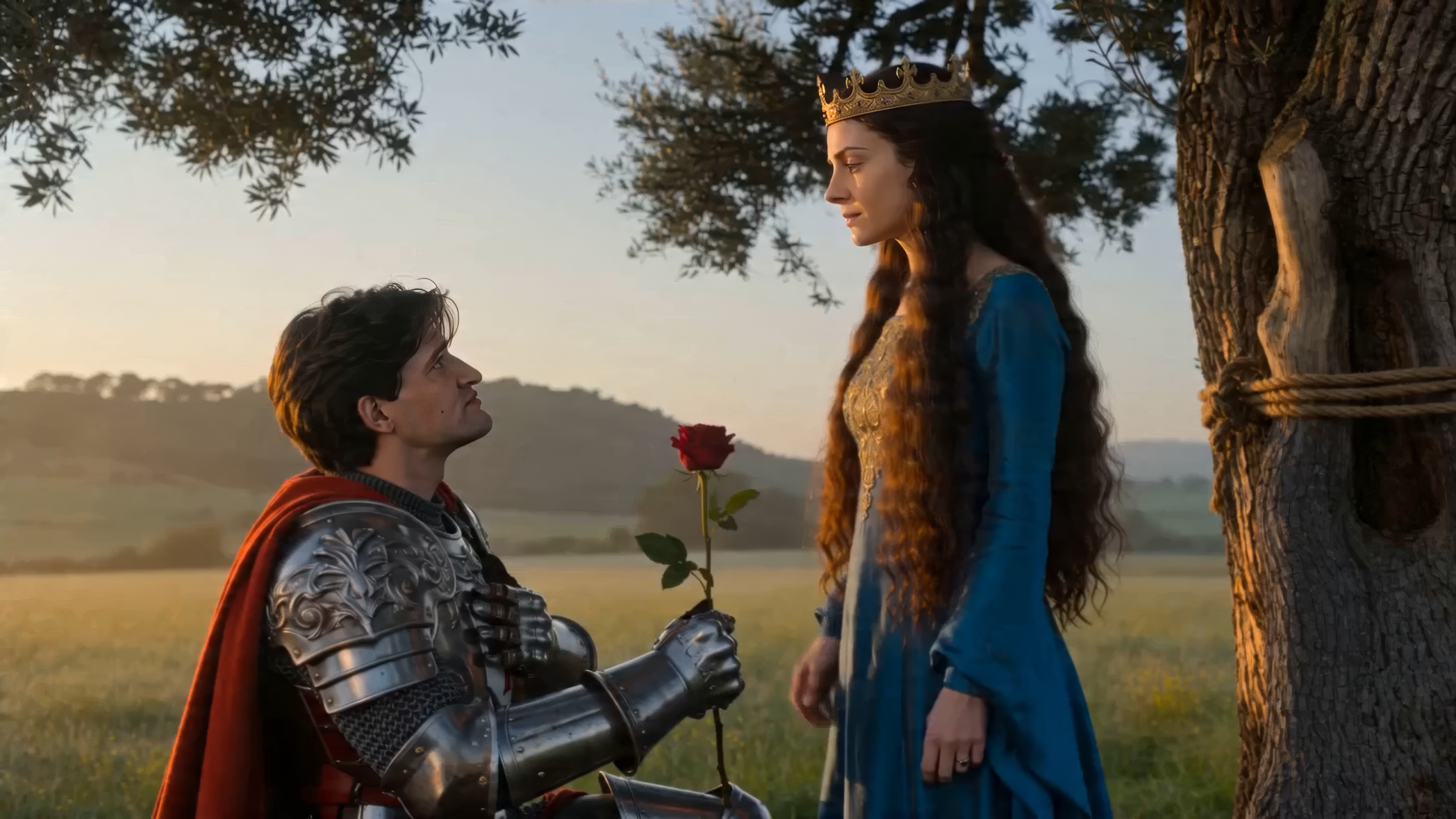 Escena medieval de Véra Barcelona: un caballero arrodillado entrega una rosa a una reina bajo un árbol.
